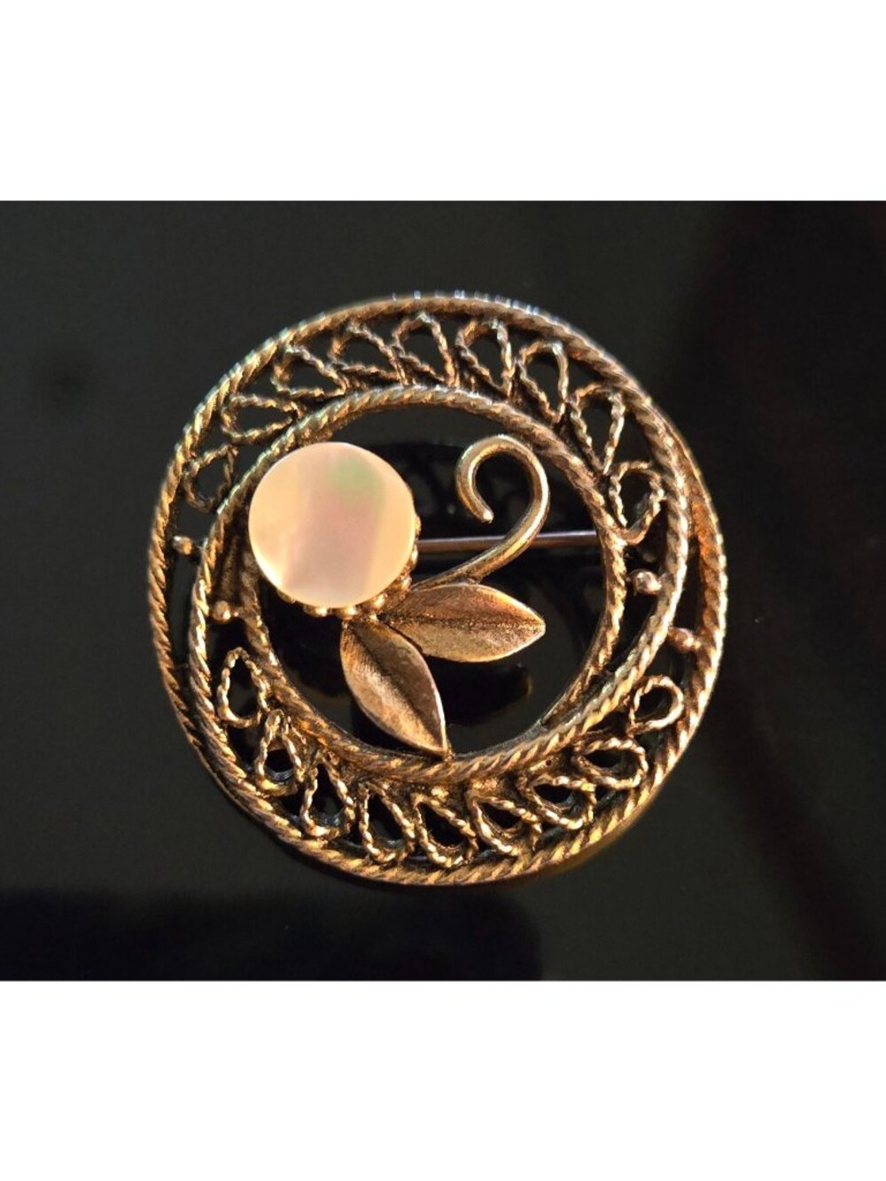 Vintage Gold-Tone Round Filigree Brooch With Leaf & Mother-Of-Pearl Accent Pin